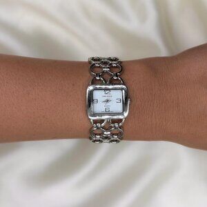 Y2K Chain Link Watch: Silver Statement Bracelet, Square White Dial